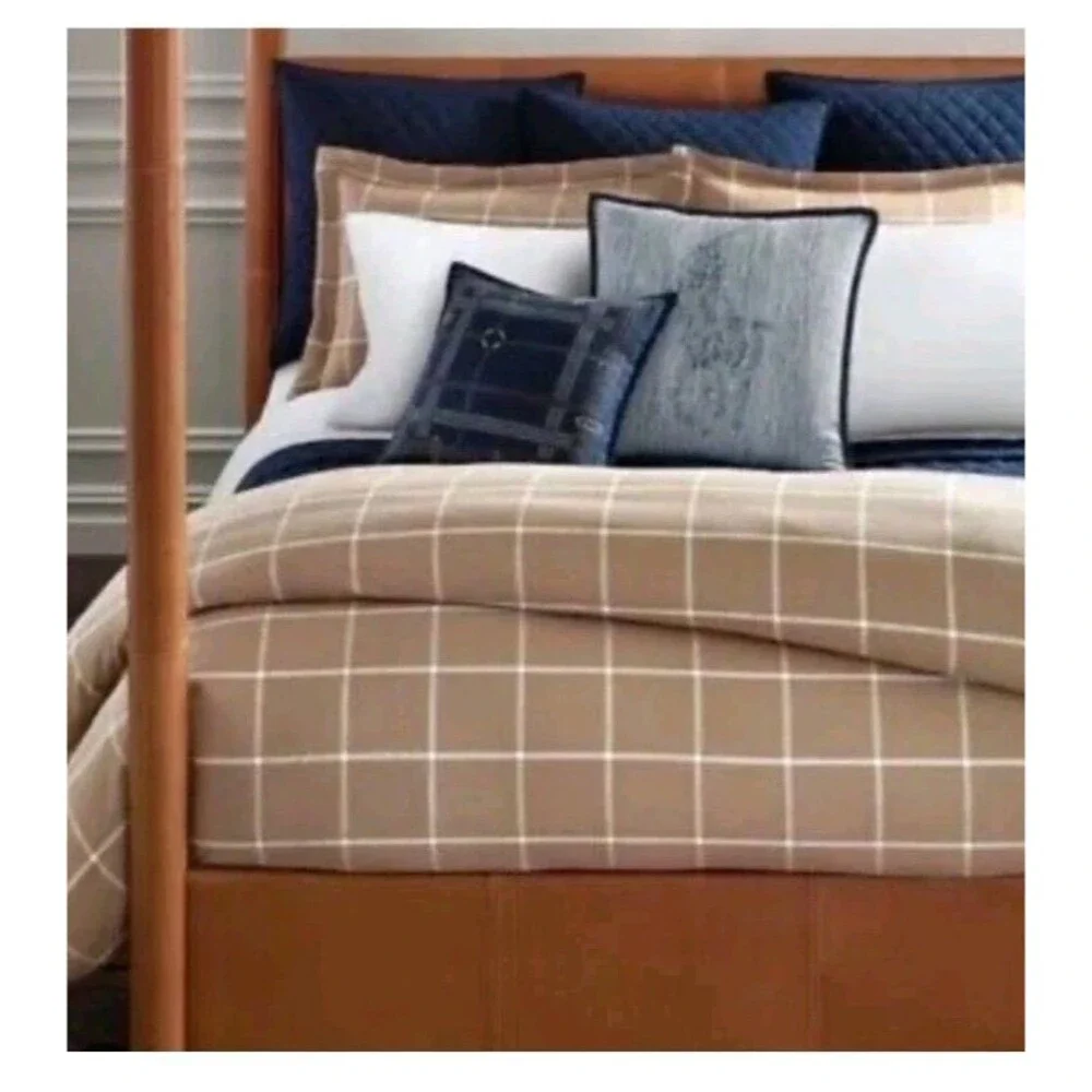Ralph Lauren Full Queen Modern Equestrian Windowpane Duvet Cover Camel $500 NWT